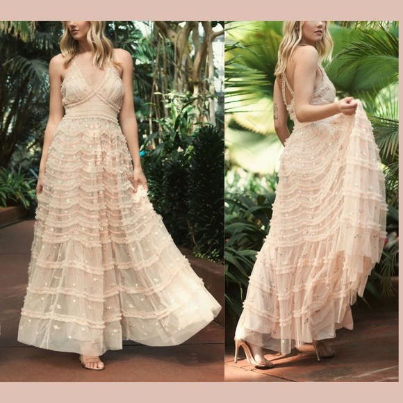 NWT‎ $798 Mac Duggal [ 12 ] 8037 Halter Neckline Ruffle Floral Gown Blush S1935 - Picture 1 of 16